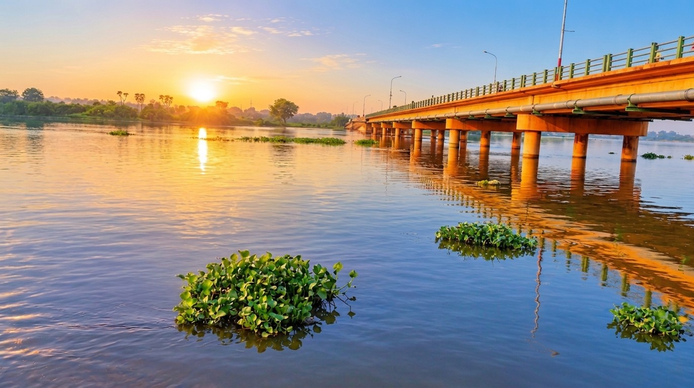 A long bridge on round orange piers crosses a wide river. The low sun, over the far bank, turns the water gold and lights the bridge's green railing, and the water reflects the bridge. Clumps of floating plants dot the calm surface in the foreground.
