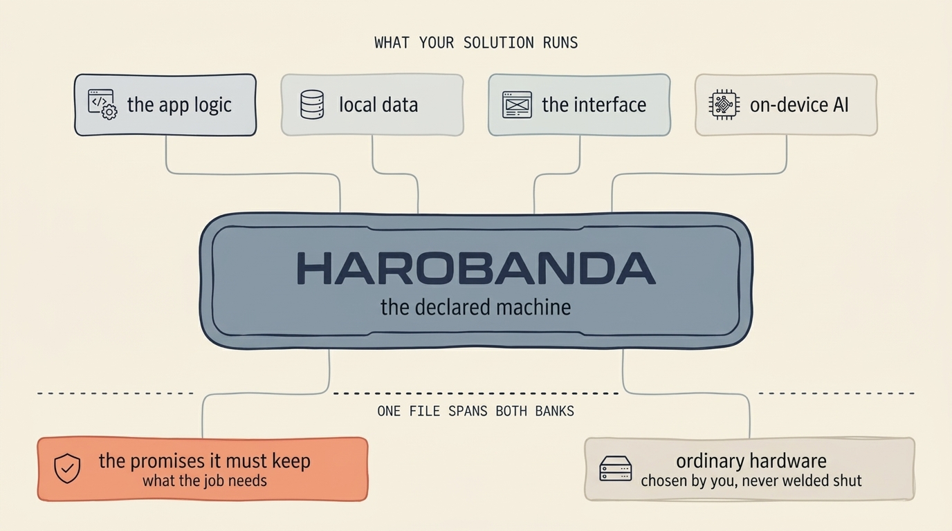 Harobanda as a bridge: your solution's programs span the promises the machine must keep and the ordinary hardware that keeps them
