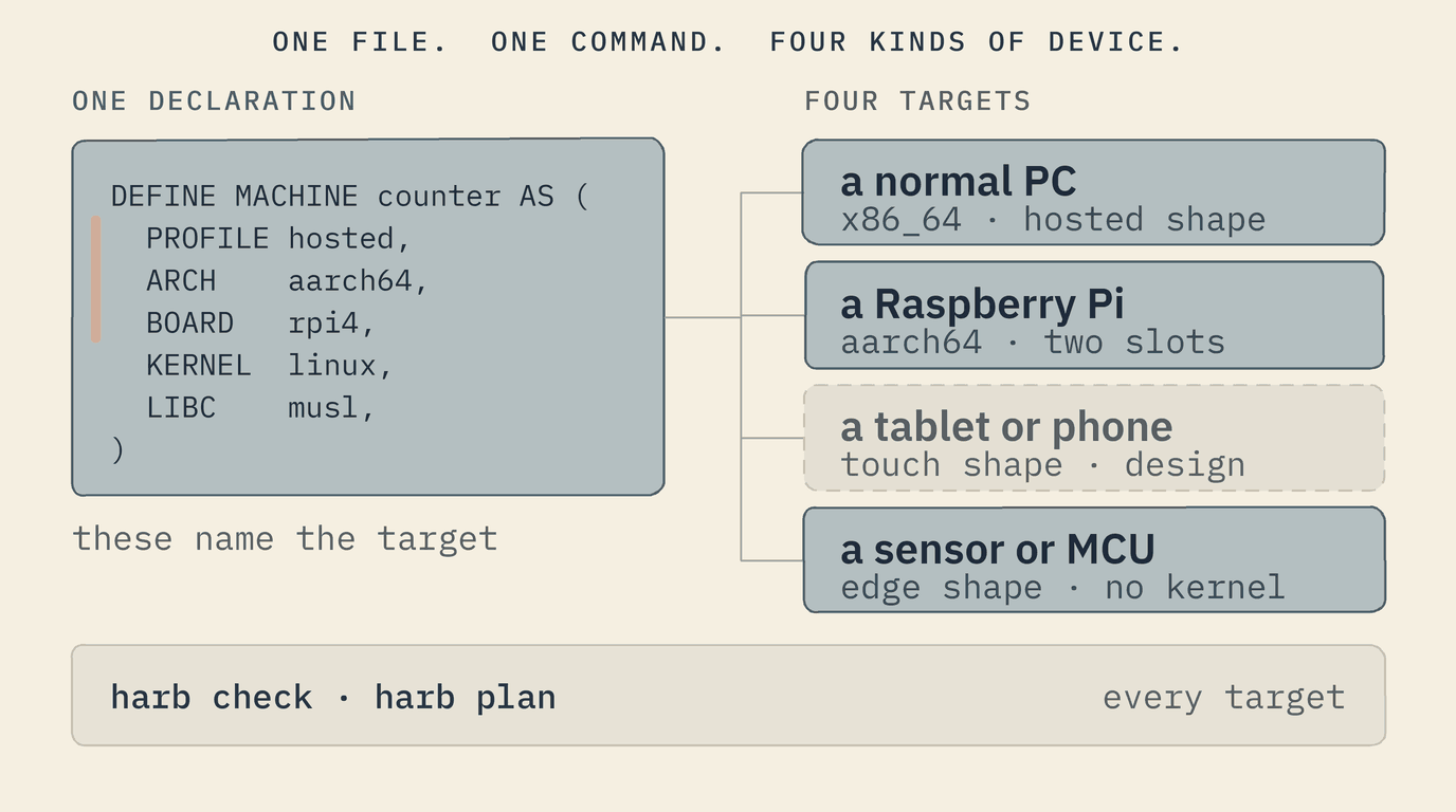 One machine file fanning out to four targets — a normal PC on x86_64, a Raspberry Pi on aarch64 with two slots and a watchdog, a tablet or phone in the touch shape, drawn as a design rather than a fact today, and a sensor or microcontroller at the edge with no kernel at all — where PROFILE, ARCH and BOARD are the lines that name the target, and harb check and harb plan are the same command for every one of them