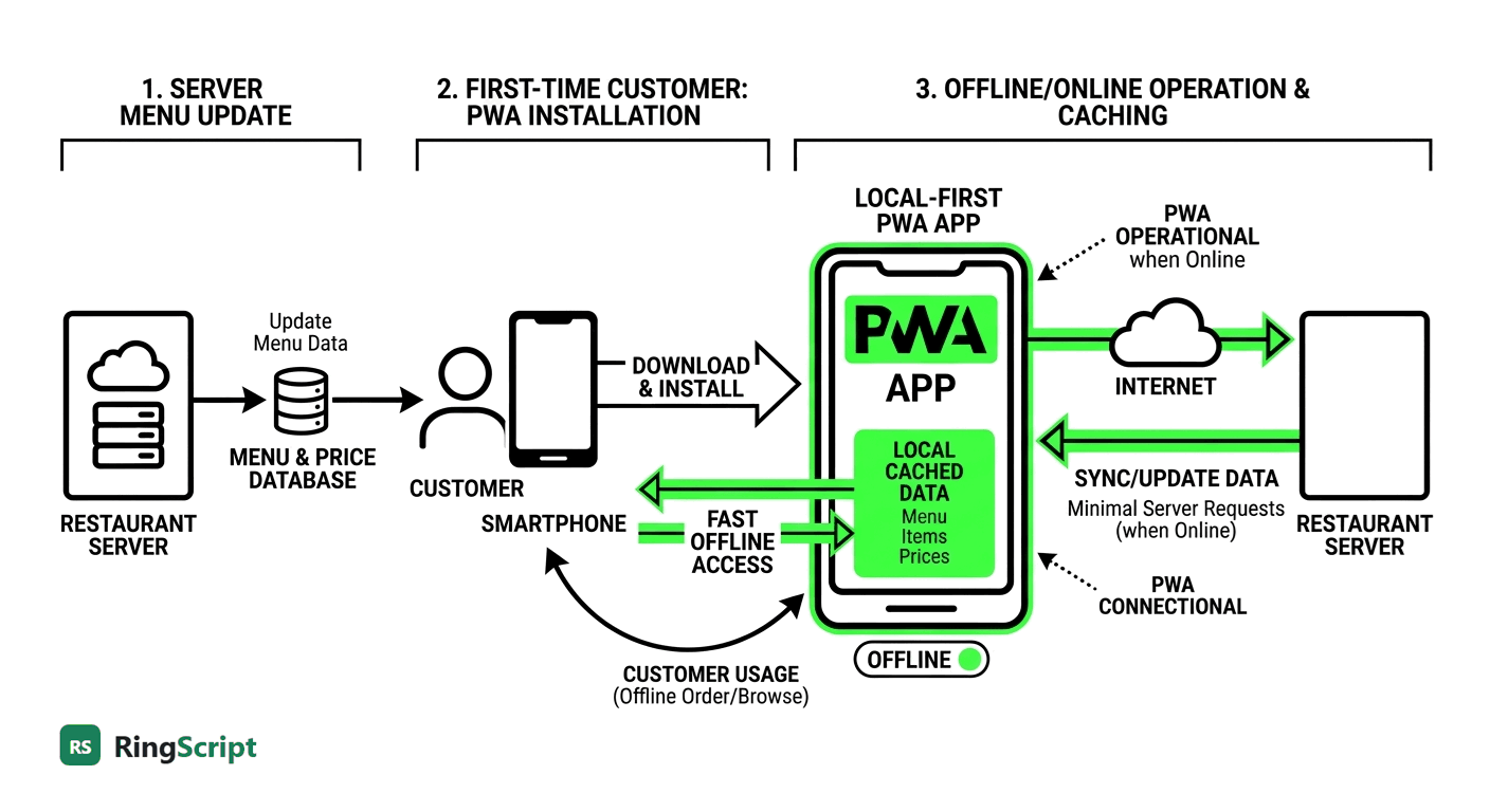 The three stages of a local-first PWA, drawn for a restaurant. Stage
          one, on the server: the restaurant server updates a menu and price
          database. Stage two, the first-time customer: they download and
          install the app onto a smartphone, and that is the only moment the
          full app crosses the network. Stage three, operation: the installed
          app holds local cached data — menu, items, prices — which answers the
          customer immediately under the label "fast offline access",
          while the phone shows an OFFLINE badge. Two arrows run to the
          restaurant server through the internet, but they are labelled
          "minimal server requests, when online": the app is
          operational whether or not they are available. Customer usage —
          ordering and browsing — loops entirely within the device.