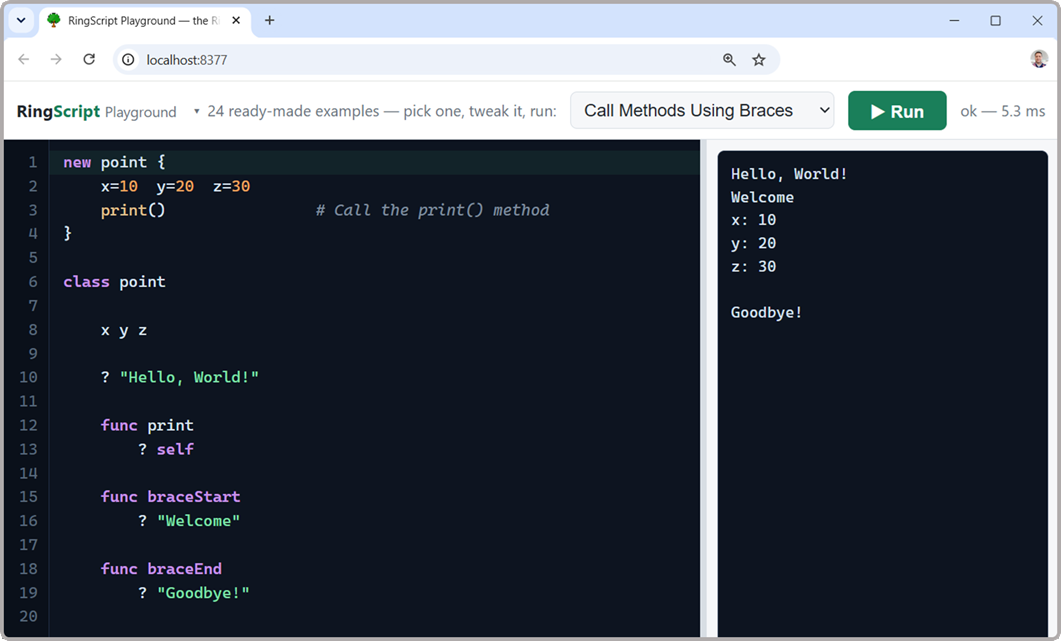 The RingScript Playground — 24 editable Ring examples running in the browser