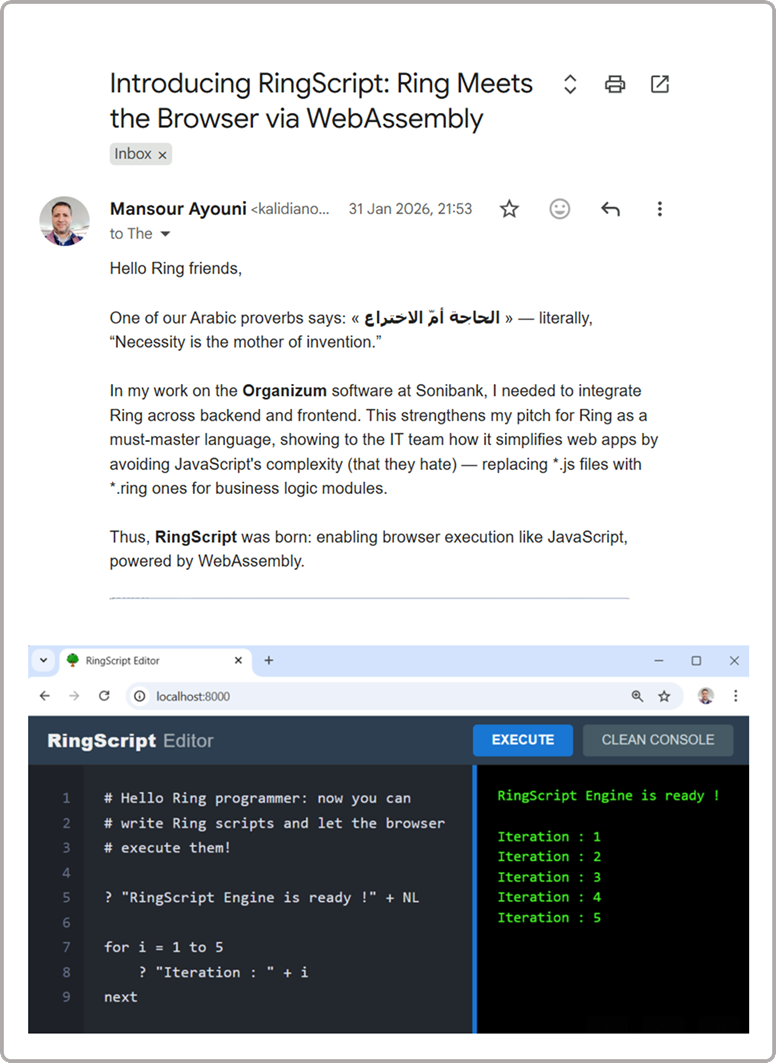 The first RingScript announcement to the Ring community, with a screenshot of the early RingScript editor running a Ring loop in the browser