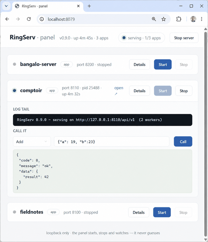 The RingServ admin panel — three applications hosted, one running, its log tail and a live call answering 42