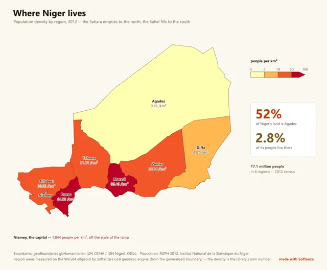 où vit le Niger : une carte de densité à partir des frontières officielles et du recensement 2012