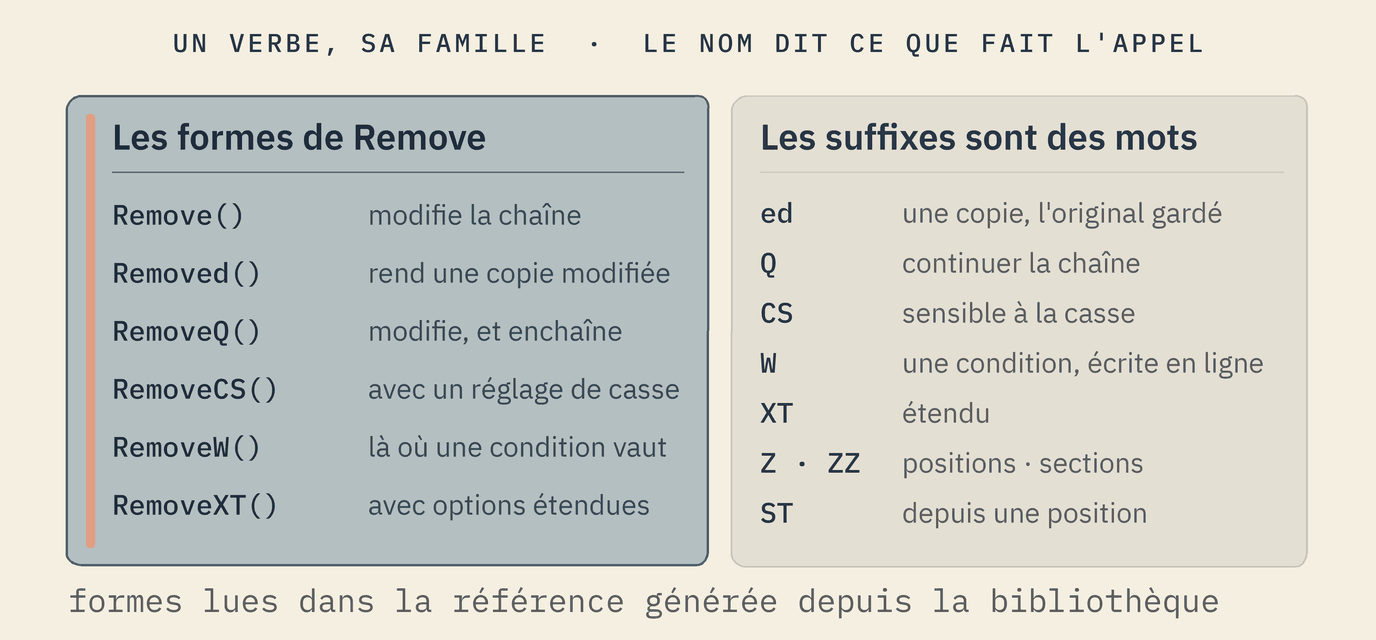 À gauche, mise en avant : les formes de Remove. Remove() modifie la chaîne ; Removed() rend une copie modifiée ; RemoveQ() modifie, et enchaîne ; RemoveCS() avec un réglage de casse ; RemoveW() là où une condition vaut ; RemoveXT() avec options étendues. À droite : les suffixes sont des mots. ed, une copie, l'original gardé ; Q, continuer la chaîne ; CS, sensible à la casse ; W, une condition écrite en ligne ; XT, étendu ; Z et ZZ, positions et sections ; ST, depuis une position.