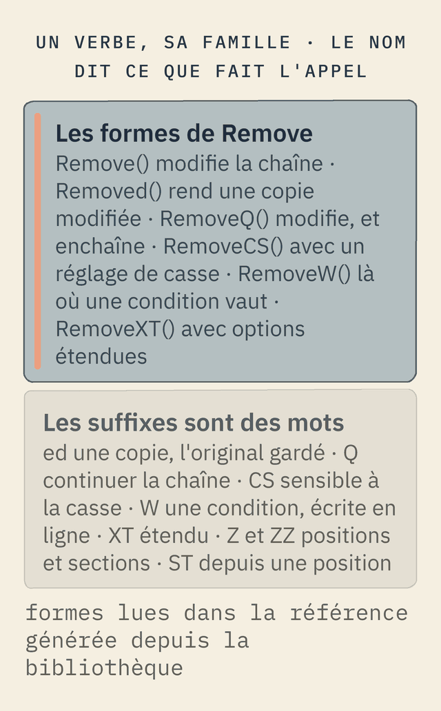 À gauche, mise en avant : les formes de Remove. Remove() modifie la chaîne ; Removed() rend une copie modifiée ; RemoveQ() modifie, et enchaîne ; RemoveCS() avec un réglage de casse ; RemoveW() là où une condition vaut ; RemoveXT() avec options étendues. À droite : les suffixes sont des mots. ed, une copie, l'original gardé ; Q, continuer la chaîne ; CS, sensible à la casse ; W, une condition écrite en ligne ; XT, étendu ; Z et ZZ, positions et sections ; ST, depuis une position.