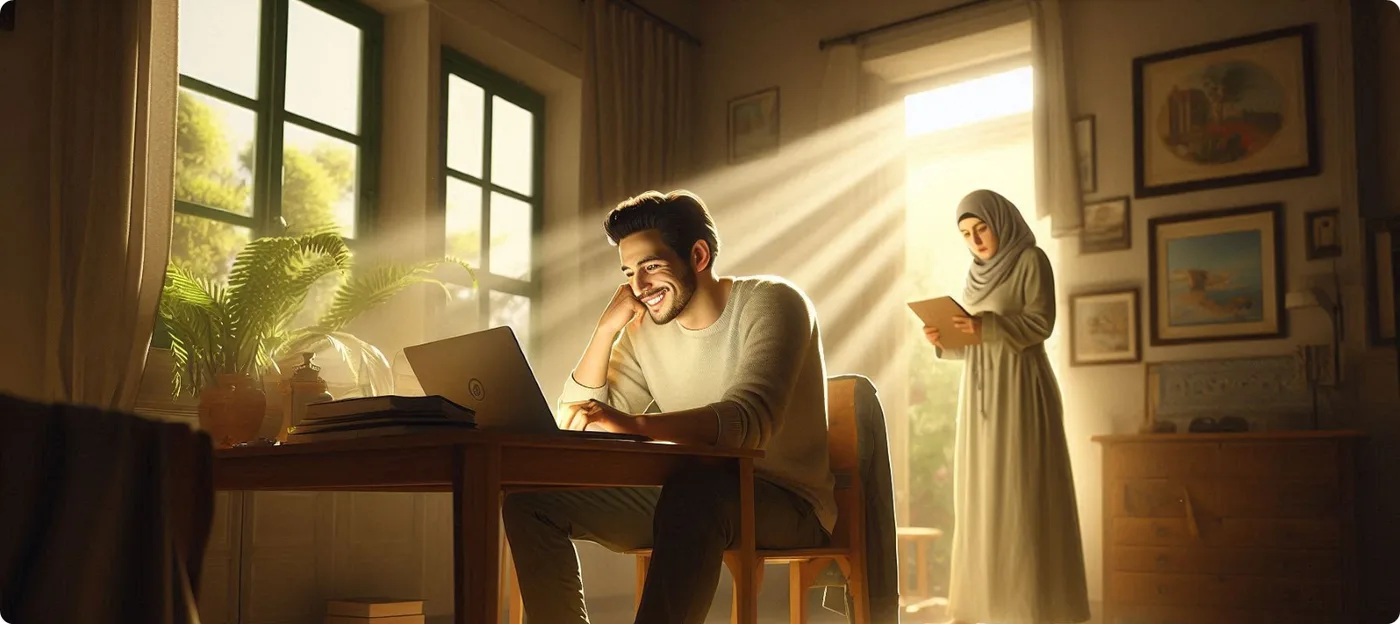 A wife standing on her husband's back to work on a computer