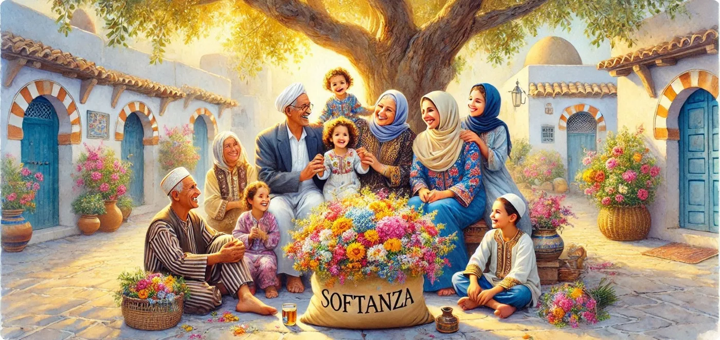 A multi-generational family joyfully sitting around a bag of vibrant flowers