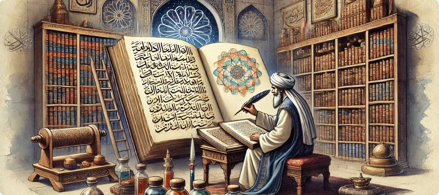 An Arabic scholar writing his scientific discovery in a beautiful, readable, and artistic calligraphic style. By M.Ayouni, using Microsoft Image AI