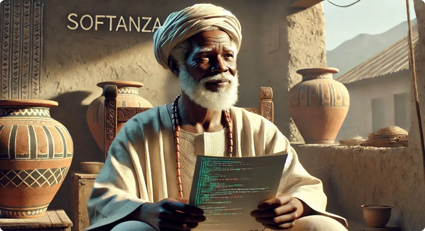 A Wise and Revered Sufi Scholar from Niger Exploring Computer Code in a Traditional Study Room