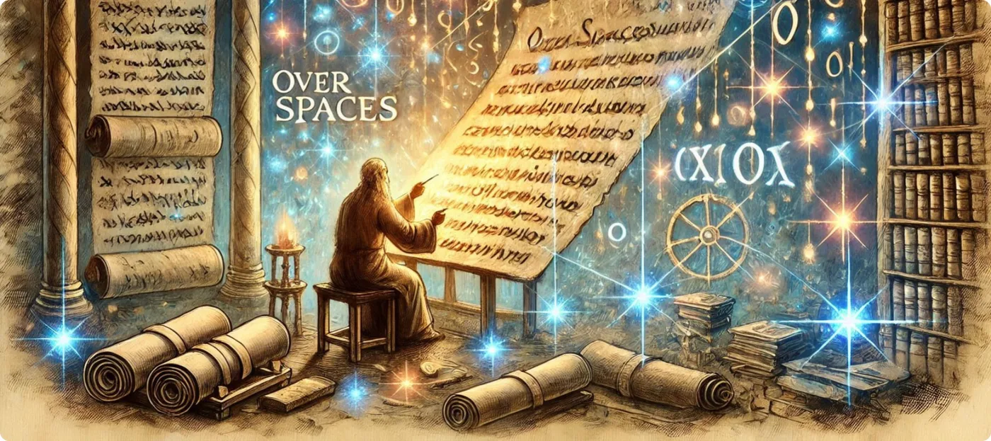 A scholar exploring the mysteries of "Over Spaces" within an ancient, mystical library setting. By Microsoft Image AI