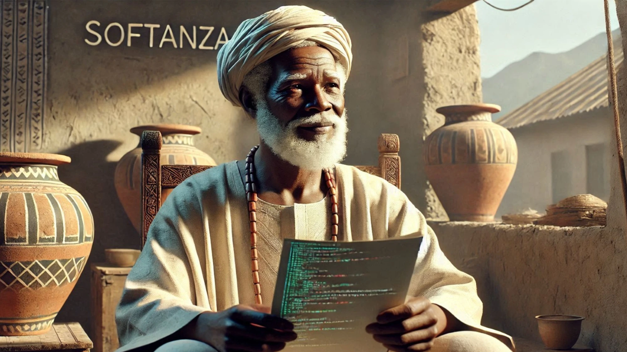 Un ancien en turban blanc, assis dans une cour de terre ocre entre des jarres peintes, lit une feuille de code imprimée. Le mot SOFTANZA est peint sur le mur derrière lui. An elder in a white turban, seated in an ochre courtyard between painted jars, reads a printed sheet of code; the word SOFTANZA is painted on the wall behind him.